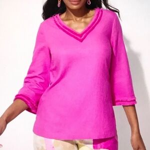 CHICO’S Pink Blouse Top Linen Blend 3/4 Sleeves Fray Trim Women’s Size XL Size 3